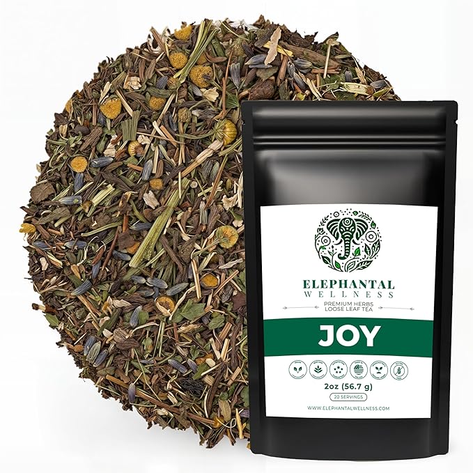 Elephantal Wellness Premium Joy Herbal Tea | Mood & Emotional Balance Support with St. John’s Wort, Kava, Ginkgo & Lavender | Handmade, Non-GMO, Caffeine-Free Loose Leaf Blend, 2oz, 20 Servings - Bloomnest