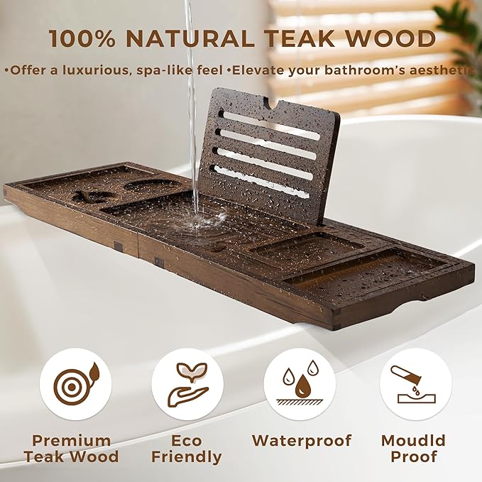 Teak Bathtub Tray, Wooden Tray Caddy for Bathtub, Luxury Bathroom Trays for Home Spa Relaxation, Teak Bathtub Caddy as Housewarming, Wedding Gifts for Women (Walnut Teak) - Bloomnest
