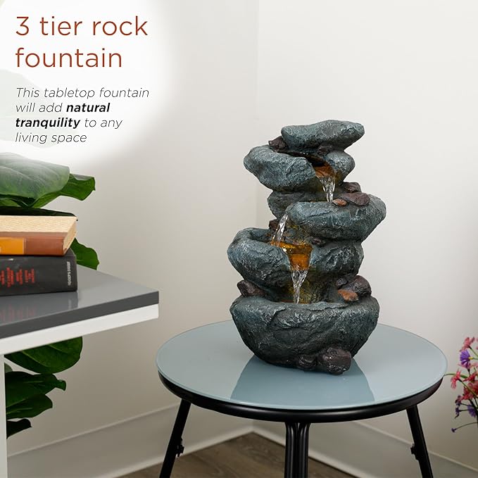 Alpine Corporation TZL418 14" 3 Tier Rock Fountain with LED Lights, Elegant Cascading Water Feature for Tabletop, Indoor Decor, Relaxing Stone Waterfall for Home & Office, Gray - Bloomnest