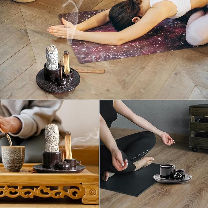 4 in 1 Ceramic Incense Holder, Palo Santo Stick Holder, Sage Holder for Burning, 5.2" Ash Catcher Tray for Meditation, Yoga & Home Decor (Black)