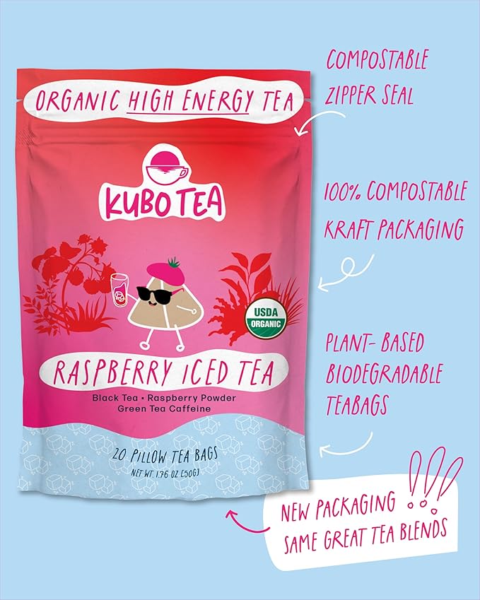 Kubo Tea Organic High Energy Iced Tea - High Caffeine Raspberry Blend - Healthy Coffee Substitute w/ 20 Servings (155mg Caffeine each) - Great for Hot & Cold Brew, Pillow Bags, Compostable Packaging - Bloomnest