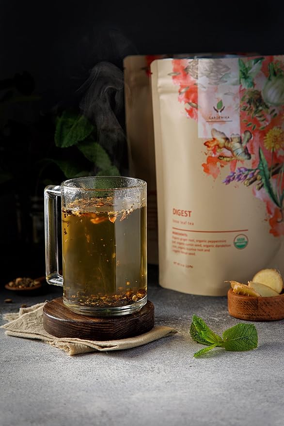 Gardenika Organic Digestive Loose Leaf Tea, Stomach Ease Herbal Caffeine-Free Leaves, Ayurvedic Blend with Dandelion Root, Ginger, Peppermint, Licorice – 4 oz - Bloomnest