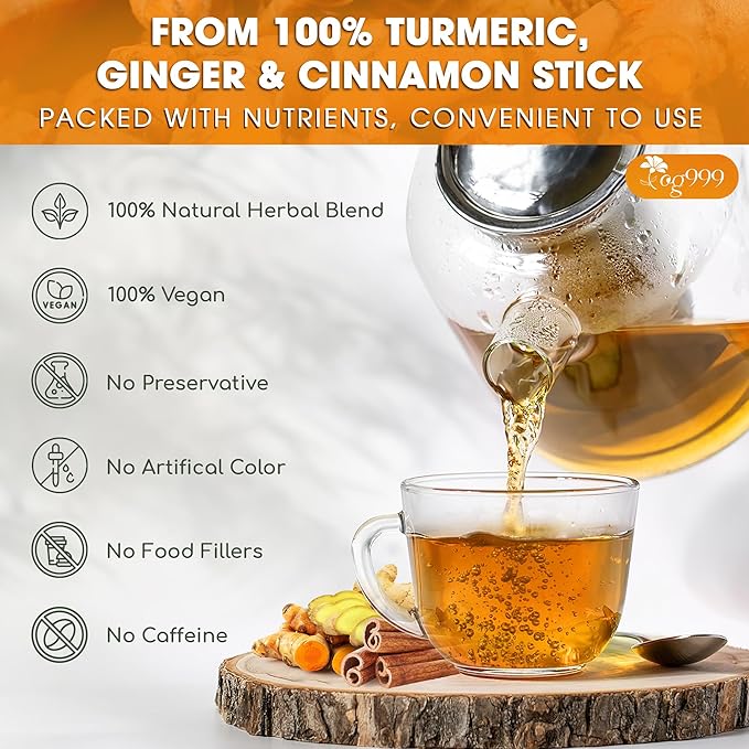 TOG999, Premium 20oz/330 cups Ginger Turmeric Cinnamon Loose Leaf Herbal Tea. Improve Digestion, Support Brain, Weight, Skin and Sleep. Premium Quality Spiced Blend. No Sugar, No Caffeine, No Gluten, Vegan. - Bloomnest