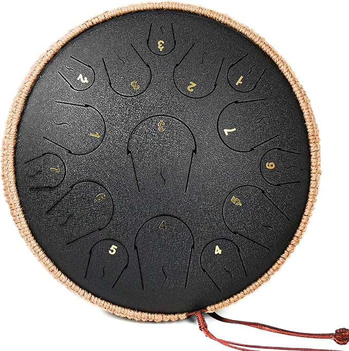 Steel Tongue Drum - 14 Inch 15 Note Tongue Drum - Hand Pan Drum with Music Book, Handpan Mallets and Carry Bag, C Major, Black - Bloomnest