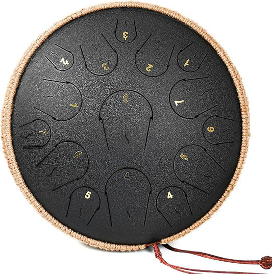 Steel Tongue Drum - 14 Inch 15 Note Tongue Drum - Hand Pan Drum with Music Book, Handpan Mallets and Carry Bag, C Major, Black - Bloomnest