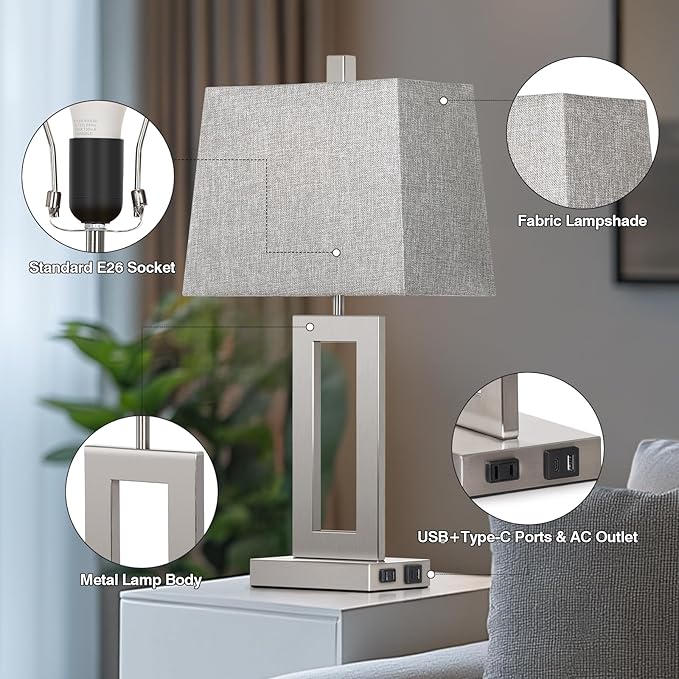 Touch Control Table Lamp Set of 2, Modern Silver Bedside Lamps with USB C+A Ports & AC Outlet, 3 Way Dimmable Bedroom Lamps for Night Stands Bedroom Living Room,Nightstand Lamp - Bloomnest