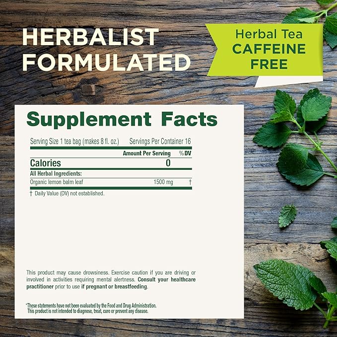 Traditional Medicinals Organic, Lemon Balm - Supports Stress Relief & Digestive Health - Kosher, Non-GMO, Caffeine-Free, Compostable - 16 Tea Bags - Bloomnest