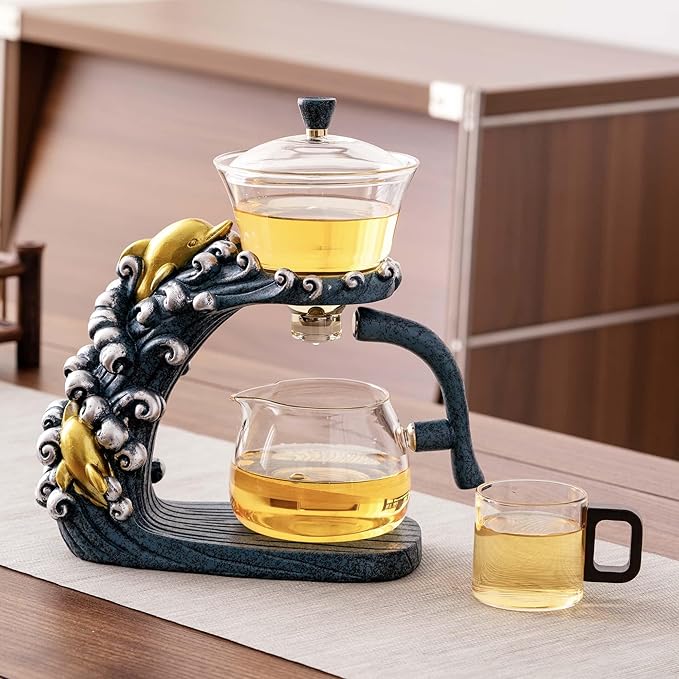 Glass Teapot Set with Infuser Semi Automatic Tea Set Magic Teapot (Dolphins) - Bloomnest