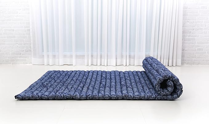 Leewadee - Kapok Roll Mat – Handcrafted Folding Sleep & Relaxation Mattress from Thailand, Ideal as Guest Bed, Camping Mat, Yoga Mat or Traditional Futon, 75 x 39 inches, Blue White - Bloomnest