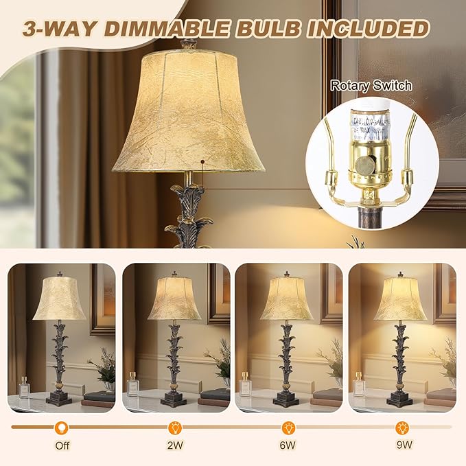 Table Lamps Set of 2 for Living Room, 33'' Tall Bedside Table Lamps with 3 Way Dimmable Bulbs, Farmhouse Buffet Lamps with Laux Leather Shades, Vintage Brown Desk Lamps for Nightstand Bedroom Office - Bloomnest