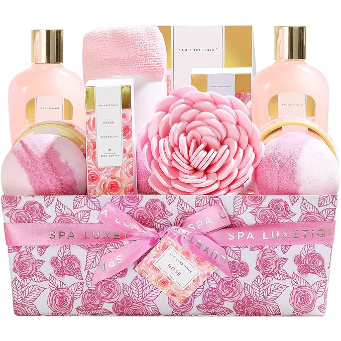 Spa Luxetique Spa Gift Baskets for Women, 12 Pcs Rose Presents Set with Bubble Bath, Bath Bombs, Body Lotion, Hand Cream, Christmas Gift Basket for Mom - Bloomnest