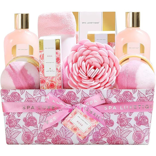 Spa Luxetique Spa Gift Baskets for Women, 12 Pcs Rose Presents Set with Bubble Bath, Bath Bombs, Body Lotion, Hand Cream, Christmas Gift Basket for Mom