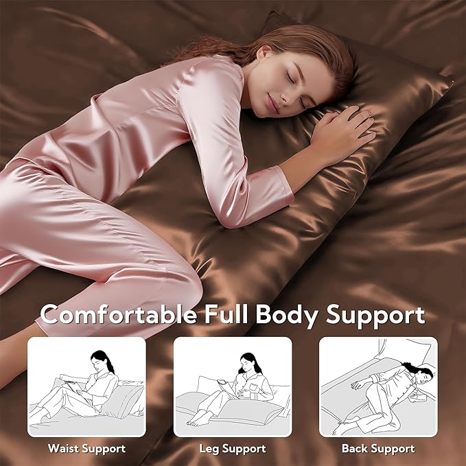 MR&HM Satin Body Pillow Cover, Soft and Breathable Body Pillow Case with Envelope Closure, Cooling and Silky Long Pillowcase for Hair and Skin,Grey (20x54, Brown) - Bloomnest