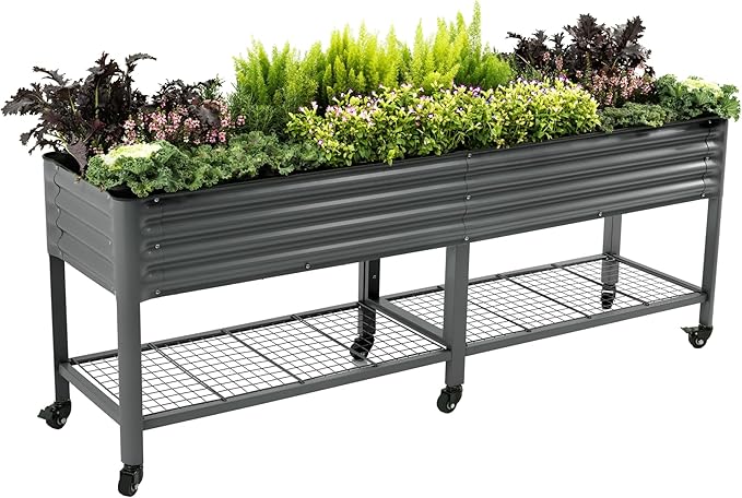 Rolling Elevated Raised Garden Bed-V Series, 2' x 8' Garden Beds with Legs & Storage Rack for Patio & Porch, 1400 Lbs Weight Capacity, Outdoor Planter Box for Vegetables Flower Herbs, Modern Gray - Bloomnest