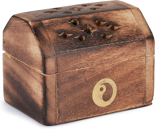 Bless-International Traditional-Handmade-Burner Wooden-Incense-Stick-Holder Ash-Catcher-Stand for-Aromatherapy-Meditation-Yoga (Treasure Box Wooden Charcoal/Cone) - Bloomnest