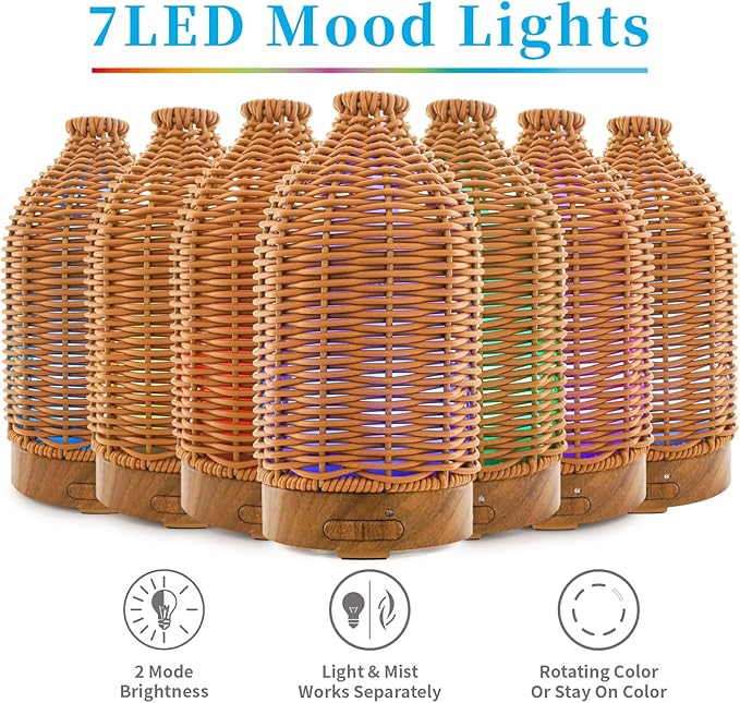 Essential Oil Diffuser - Multifunction Aromatherapy Diffuser 7 LED Color Changing Light 100ML Rattan Diffuser Easy to Clean Suitable for Home,Office (Tan) - Bloomnest