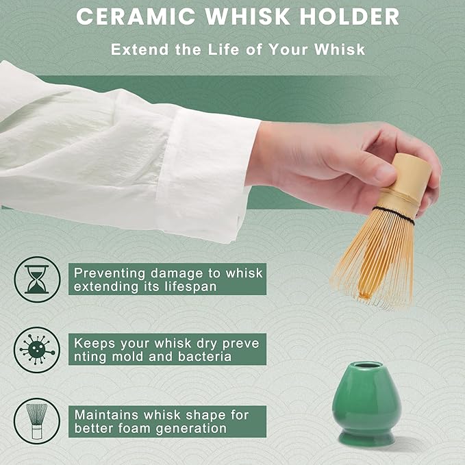 Matcha Whisk Set, Cactus Dark Green Ceramic Matcha Set Includes Matcha Bowl, Matcha Whisk (Chasen) and Holder, Sifter, Bamboo Scoop & Spoon - 6 Pcs Matcha Kit for Matcha Lovers - Bloomnest
