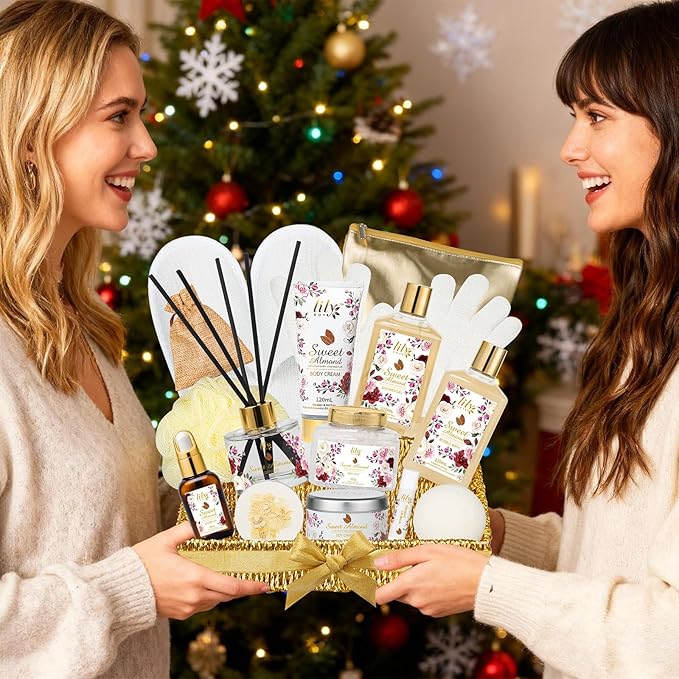 Valentines Day Gifts Spa Gift Basket Set for Women 17-Piece Almond Luxury Spa Gift Set Bath & Body Care Kit with Shower Gel | Christmas, Mothers Day Gift for Mom, Birthday Gifts for Her, Wife, Mom