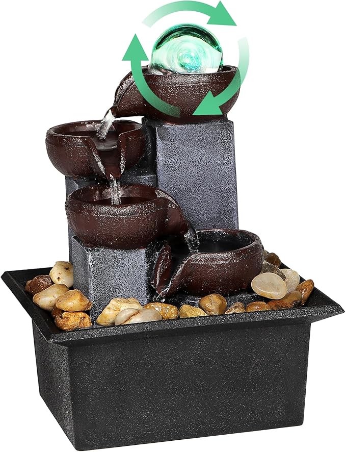 Water Fountains Indoor-Waterfall-Tabletop Fountain-Desk Fountain with Rainbow Colors LED Lighting from Spinning Crystal Ball-Relaxing Waterfall n River Rocks for Natural Feng Shui Effect - Bloomnest