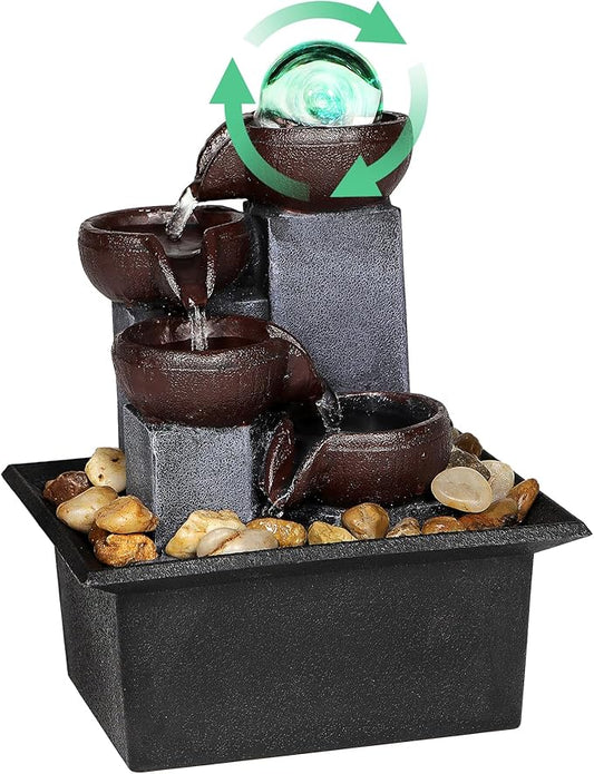 Water Fountains Indoor-Waterfall-Tabletop Fountain-Desk Fountain with Rainbow Colors LED Lighting from Spinning Crystal Ball-Relaxing Waterfall n River Rocks for Natural Feng Shui Effect - Bloomnest