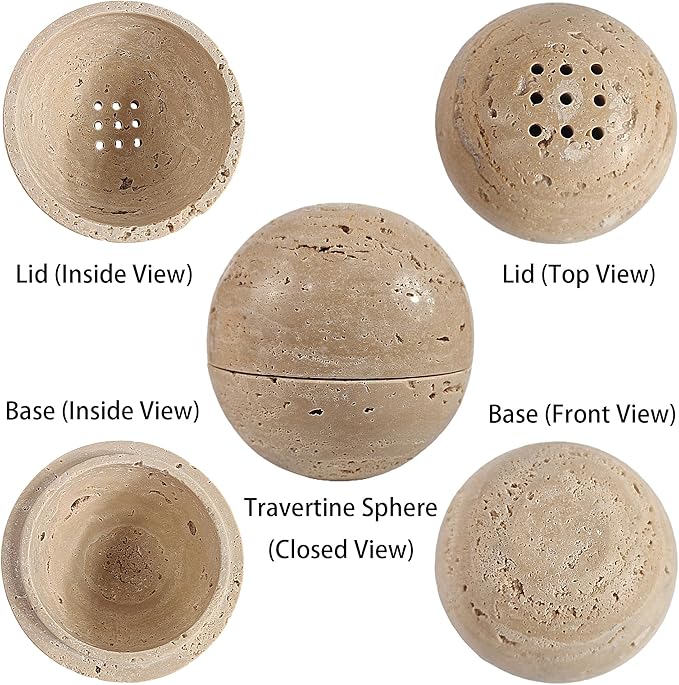 Natural Stone Sphere Incense Holder: 4" D Hand-Carved Aromatherapy Burner for Yoga, Meditation & Relaxation, Elegant Multi-Hole Design, Beige Travertine - Bloomnest