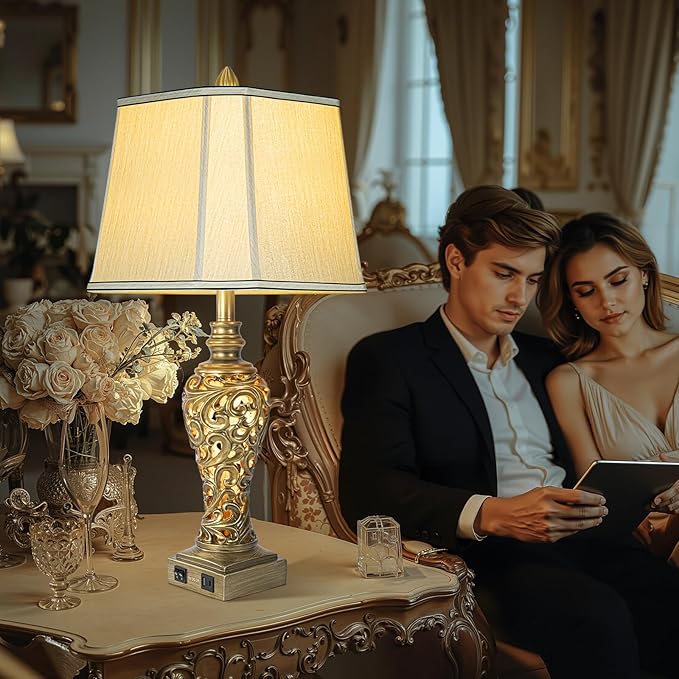 28.5'' Table Lamps Set of 2 for Living Room, Vintage Bedside Lamps with USB A+C Ports & Nightlight, Farmhouse Nightstand Lamps with Faux Silk Shade for Bedroom, Study Room, Office (LED Bulbs Included) - Bloomnest