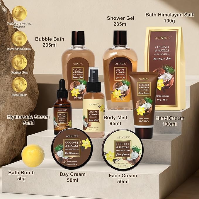 Spa Basket for Women, Coconut Vanilla Bath & Body Set, Christmas & Birthday Gift, Unique Gift with Bath Bombs, Body Lotion, Spa Bath Sets for men Gift Home Spa Set Luxurious Bath Gift & More - Bloomnest