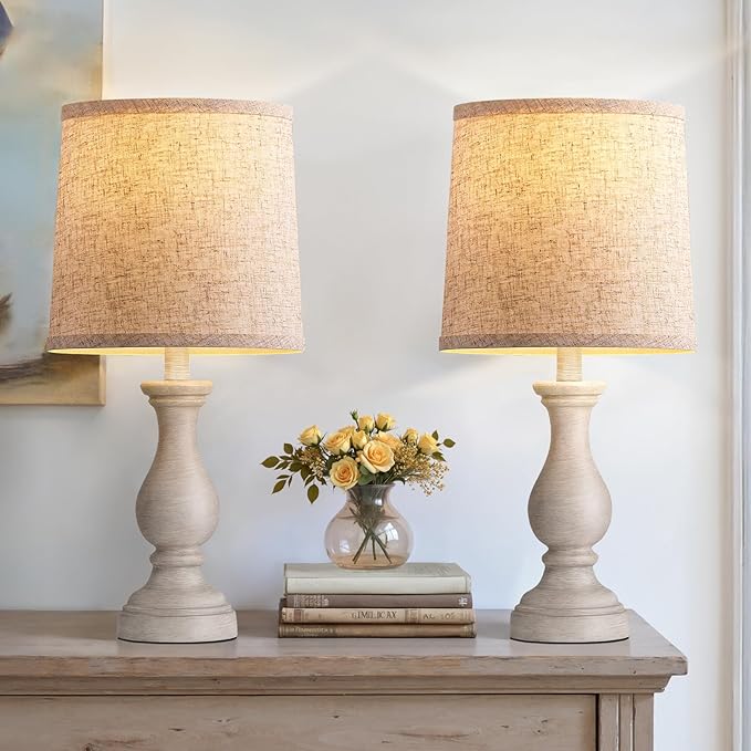 Seealle Farmhouse Table Lamps Set of 2 - Rustic Bedroom Lamps for Living Room, 22" Boho Bedside Lamp for Night Stands End Table Office Desk Lamp Nightstand Clearance Decorating with Linen Shades - Bloomnest