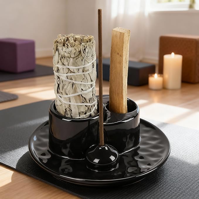Palo Santo Sticks Holder, Multi-Purpose Handmade Ceramic Incense Burner for Palo Santo Incense Sticks, Sage Holder for Burning, Ash Catcher Tray for Meditation Yoga Room (Black) ToolSentryX