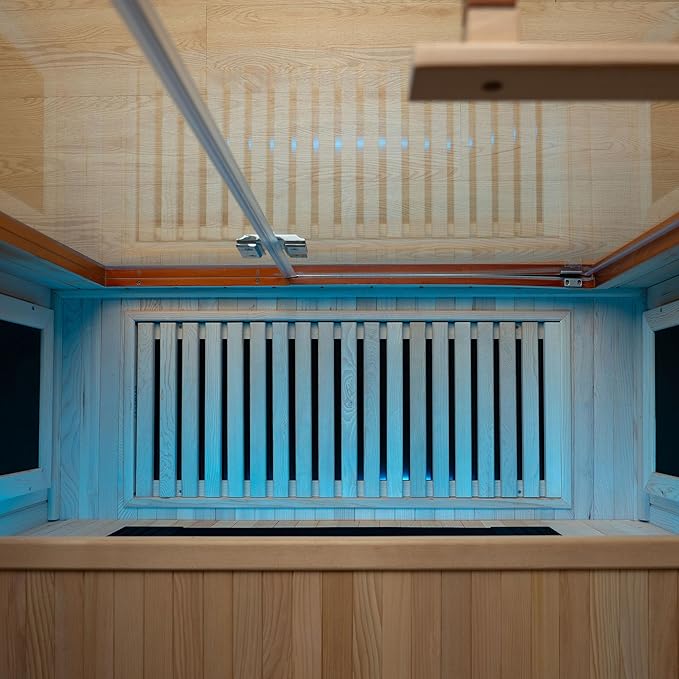 Woodbridge Infrared Home Sauna Room 2 Person Japanese Cedar Indoor Sauna with 7 Carbon Heaters, Red Light Therapy, Bluetooth Speaker, Intelligent Control Panel, Tempered Glass & Top Vent WOODBRIDGE