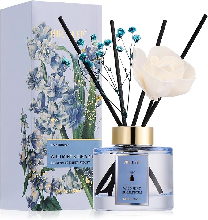 Airkeep Flower Reed Diffusers Set, 5.07 oz Wild Mint&Eucalyptus Scented Oil Diffuser with 8 Reed Sticks, Home Fragrance Diffuser Gift Set for Bathroom & Office Decor 150ml - Bloomnest