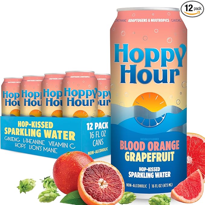 Hoppy Hour Sparkling Hop Water, Non-Alcoholic and Adaptogens Drink, Zero Sugar and Calories, Refreshing Bright Citrus Flavor, 12 oz Cans (12-Pack) (16 Fl Oz (Pack of 12), Blood Orange Grapefruit) - Bloomnest