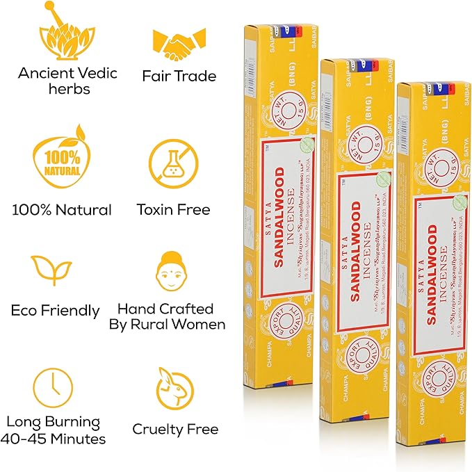 Satya Sandalwood Incense Sticks, Satya Bng Insens 15gmx12 Pack with Raajsee Insence Holder Bundle, Satya Nagchampa Natural Incence - Bloomnest