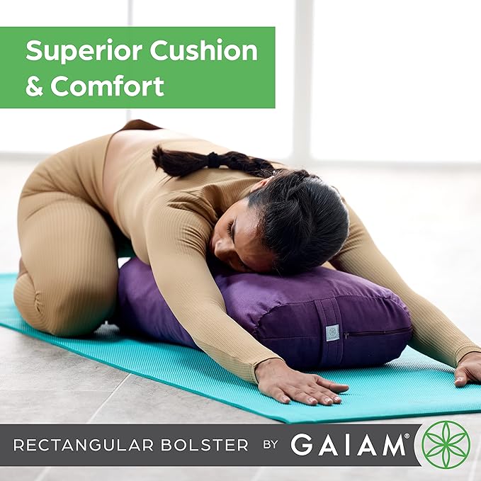 Gaiam Round Yoga Bolster Pillow, Soft Meditation Cushion for Yoga, Massage and Back Support, Breathable Cotton Fill, Zippered Microfiber Cover, Easy-Carry Handle, Machine Washable