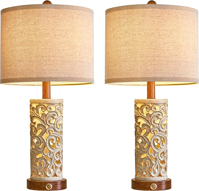 22" Dual Light Table Lamps Set of 2 for Living Room, Touch Lamp with 3-Level Dimming, USB A+C Table Lamp for Bedroom, Farmhouse Lamps for Night Stands(Brown, Bulb Included) - Bloomnest