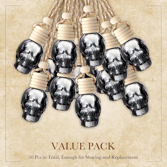 50 Pcs Hanging Car Air Freshener Black Car Diffuser Bottles Empty Glass Perfume Bottles Air Freshener Diffuser Pendant for Essential Oils Fragrance Aromatherapy Ornament (Skeleton) - Bloomnest