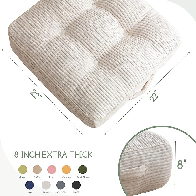 8" Washable Floor Pillow Cushion for Adults, Meditation Cushion Pillow, Large Square Floor Sitting, Removable Tufted Corduroy Cover, for Tatami Living Room or Yoga, 22x22 Inch, 2Pack, Machine Washable - Bloomnest