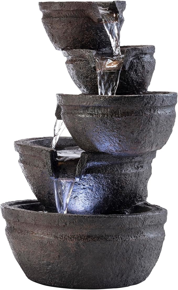 Alpine Corporation WIN1138 13" Indoor Tabletop Tiering Bowls Water Fountain with LED Lights – Cascading Water Feature for Home, Office, Meditation, and Relaxation, Dark Gray - Bloomnest