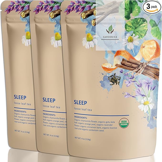 Gardenika Organic Sleep Loose Leaf Tea with Chamomile and Lavender Flowers, Herbal Caffeine Free Leaves, Ayurvedic Blend - 3 Pack - Bloomnest
