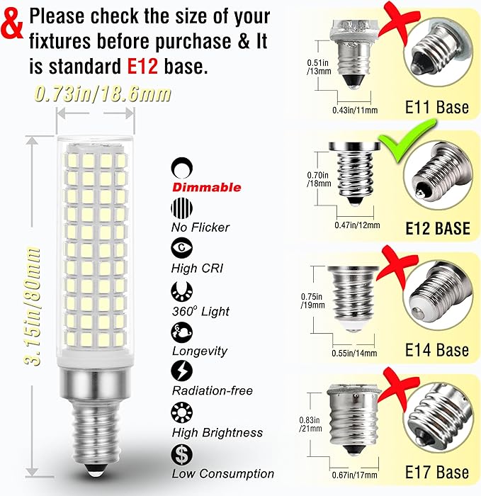ALIDE E12 100W Dimmable Replacement LED Candelabra Bulbs C7,6000K Daylight Bright Cool White,1000 Lumen T6 E12 10W LED Chandelier Light Bulbs for Ceiling Fan Pendant Lighting Salt Lamp,5 Pack - Bloomnest