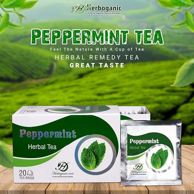 HERBOGANIC Peppermint Herbal Tea - Digestion Support and Immune Boost | Refreshing and Delicious Blend | Natural Ingredients | 20 Tea Bags - Bloomnest