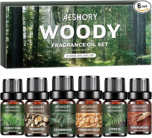 Woody Essential Oils Set - 6x10ML Woody Scents Fragrance Oil for Candle Making, Diffuser - Teakwood, Sandalwood, Cedarwood, Cyperss, Forest Pine, Frankincense Aromatherapy Oils - Bloomnest