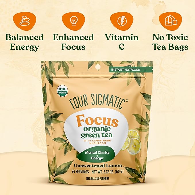 Four Sigmatic Focus Organic Green Tea | Focus Enhancing Tea with Lion's Mane Mushroom Extract | Organic Green Tea, Mint, and Rose Hips | Vegan, Gluten-Free | Unsweetened with Lemon, 24 Servings - Bloomnest