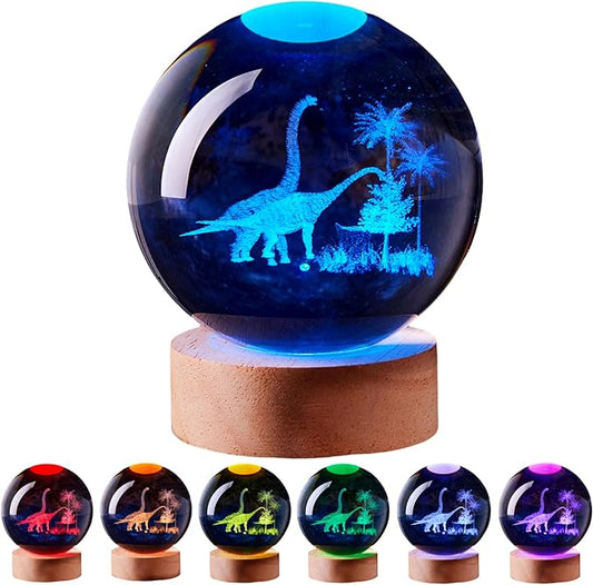 3D Large Dinosaur Crystal Ball Night Light with Wooden Base, Crystal Lamp Gift for Kids Wife Friends, 16 Color Changing with Remote Control, Laser Engraved 3.15 inch Glass Ball Lamp (Dinosaur) - Bloomnest