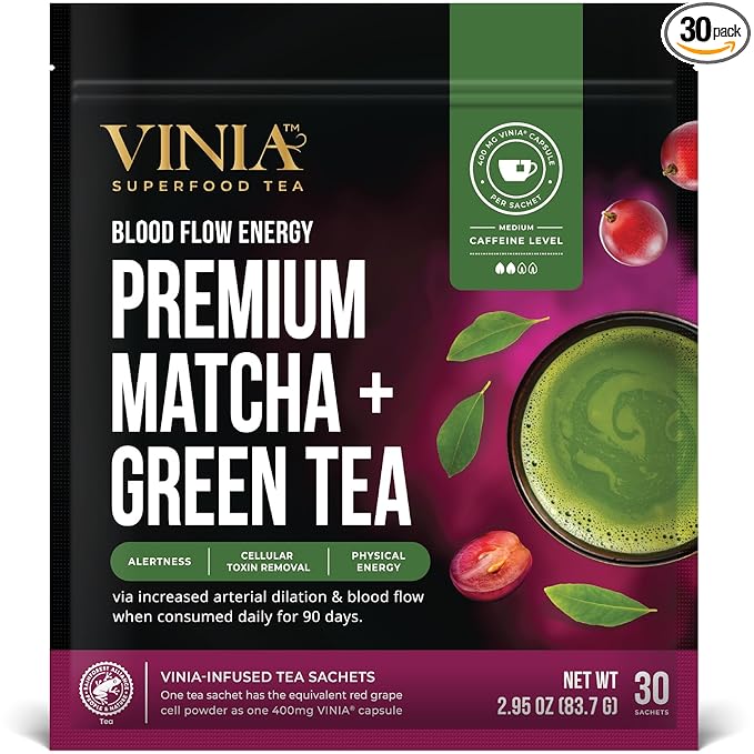VINIA Premium Matcha + Green Tea Bags, Made with Organic Tea, Infused with Piceid Resveratrol for Heart Health, Nitric Oxide, Physical Energy, Alertness, Blood Flow, Keto, Kosher, NON-GMO. 30 Ct - Bloomnest