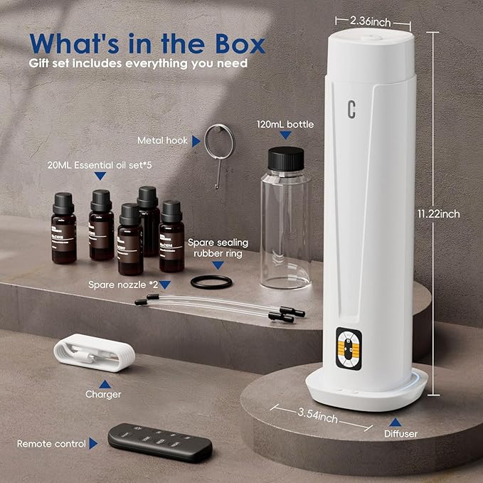 Waterless Scent Diffuser – 1200 Sq Ft Coverage, Essential Oil Diffuser with Remote Control, Quiet Aromatherapy Diffuser with LED Light & Timer, Scent Air Machine for Home, Office, Hotel - Bloomnest