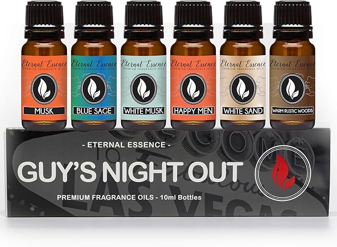 Eternal Essence Oils Guy's Night Out Set of 6 Premium Fragrance Oils - Includes Including Happy Men, Blue Sage, White Sand, Warm Rustic Woods, Musk, and White Musk Scented Oils - 10ML - Bloomnest