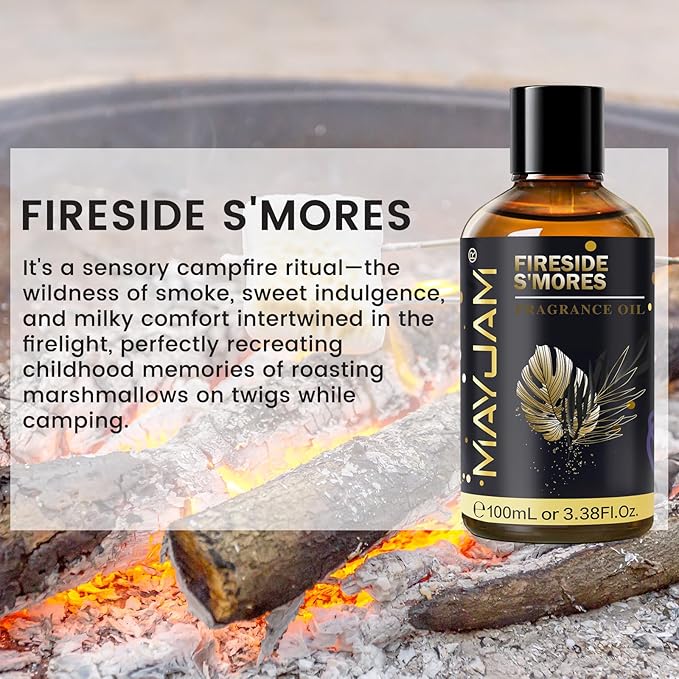 Fireside S'Mores Fragrance Oil Essential Oil, MAYJAM 3.38FL.OZ Fireside S'Mores Oil for Diffusers for Home, Long Lasting Scented Oils for Soap Candle Making - 100ML MAYJAM