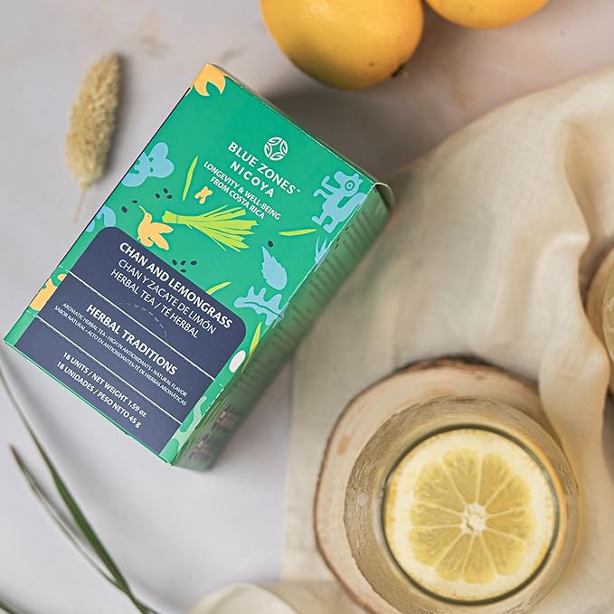 Blue Zones Nicoya - Chan & Lemon Grass Flavored Tea Bags - 100% Natural, Organic, and Refreshing - High Micronutrients - Gluten, Caffeine, Sugar-Free - Pack of 18 (1.59 oz/ 45 g) - Bloomnest