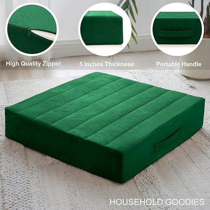 2 Pcs High Density Foam Floor Pillow - Upgraded Large Pillows Seating for Adults - Outdoor Floor Cushion with Soft Tufted Cover - Yoga Pillows for Sitting On Floor - 22 Inch Green - Bloomnest